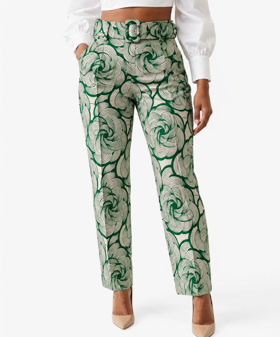 Emerald Green Floral High-Waist Belted Pants for Women | Elegant Straight-Leg Trousers