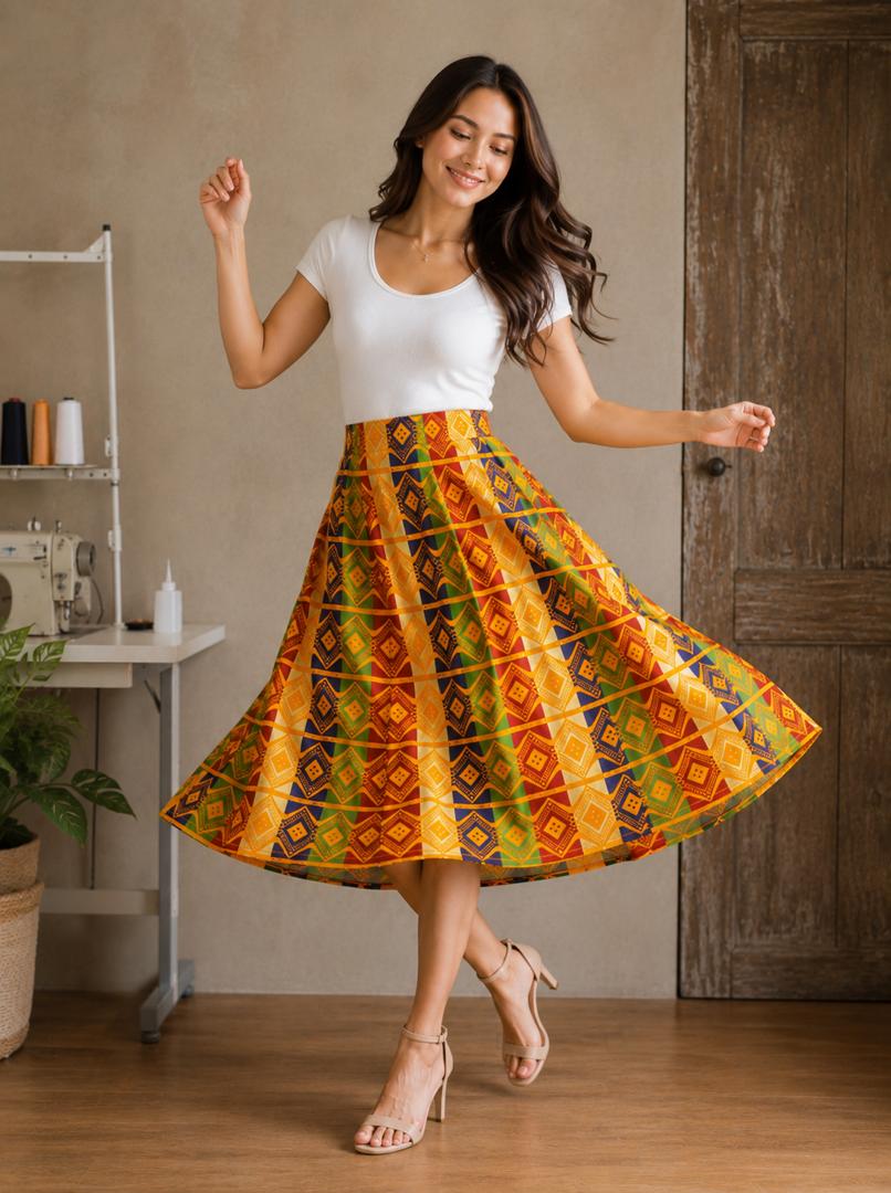 High-Waisted Ankara A-Line Midi Skirt