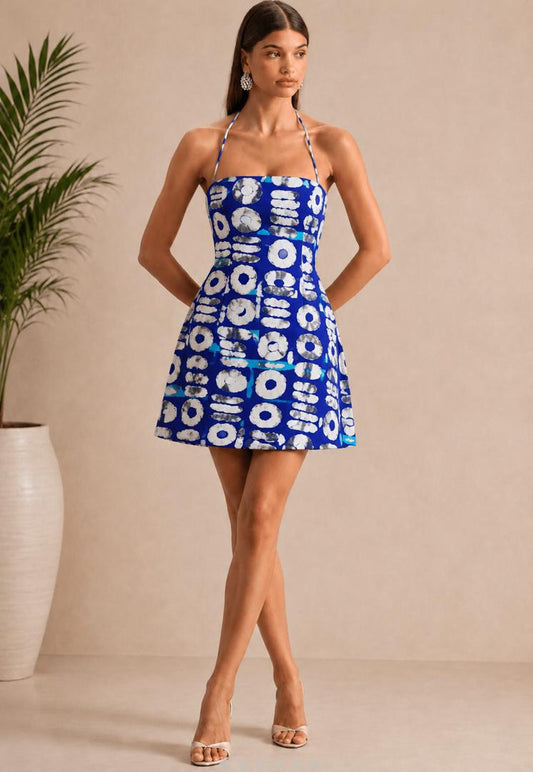 Azure Luxe Halter Mini Dress