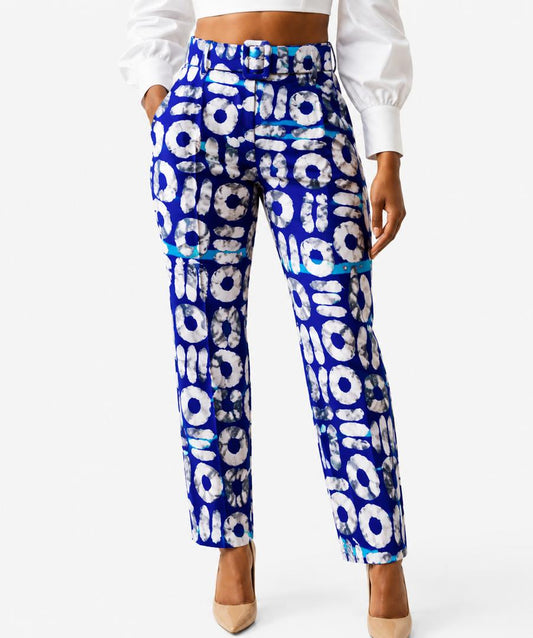 Royal Blue Printed High-Waist Belted Pants | Stylish Straight-Leg Trousers