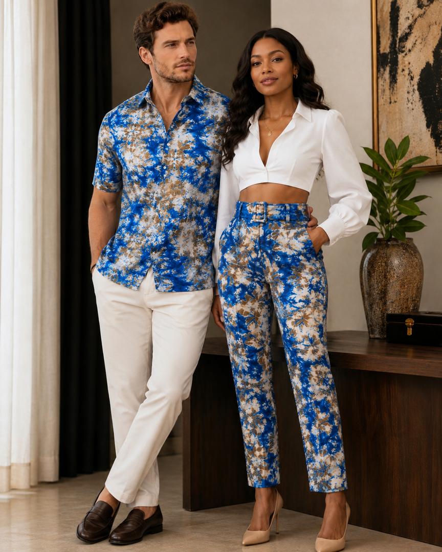 Matching Couple Outfits – Blue Floral Print Shirt & High-Waisted Trousers