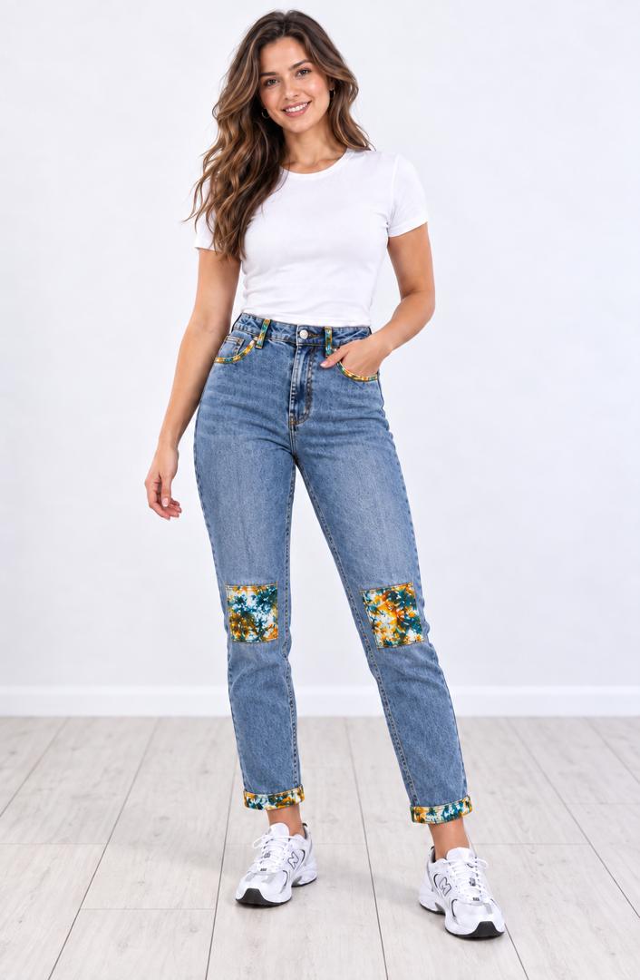 Blue Patchwork Jeans – High Waist Straight Leg Floral Print Denim Pants