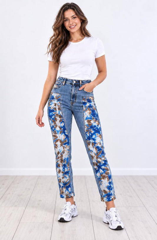 Women’s Blue Floral Patchwork Jeans – High Waist Straight Leg Printed Denim Pants