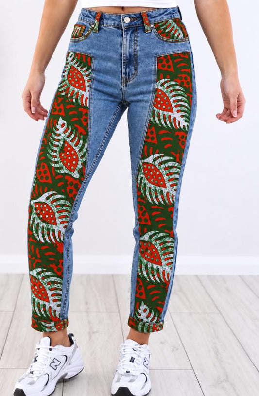 Colourful Print Patchwork Jeans – High Waist Straight Leg Printed Denim Pants