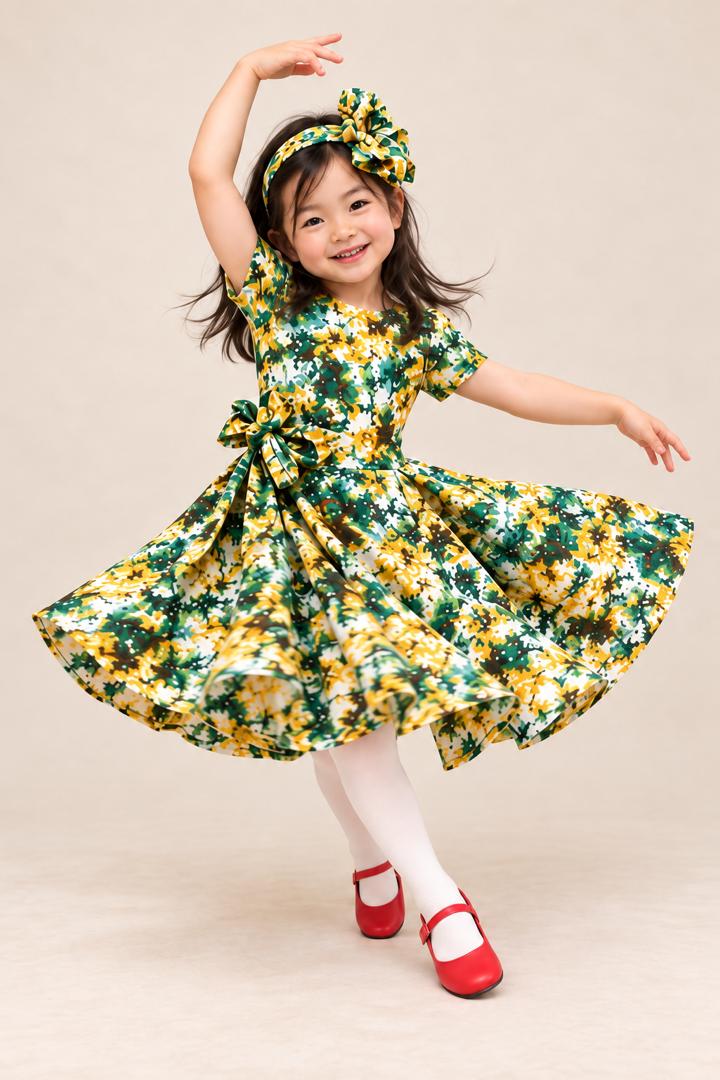 Girls Printed Party Dress with Matching Bow Headband