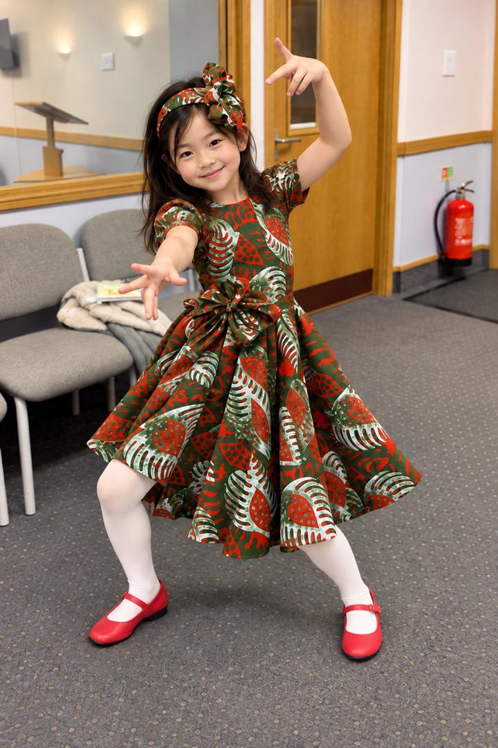 Girls Printed Party Dress with Matching Bow Headband
