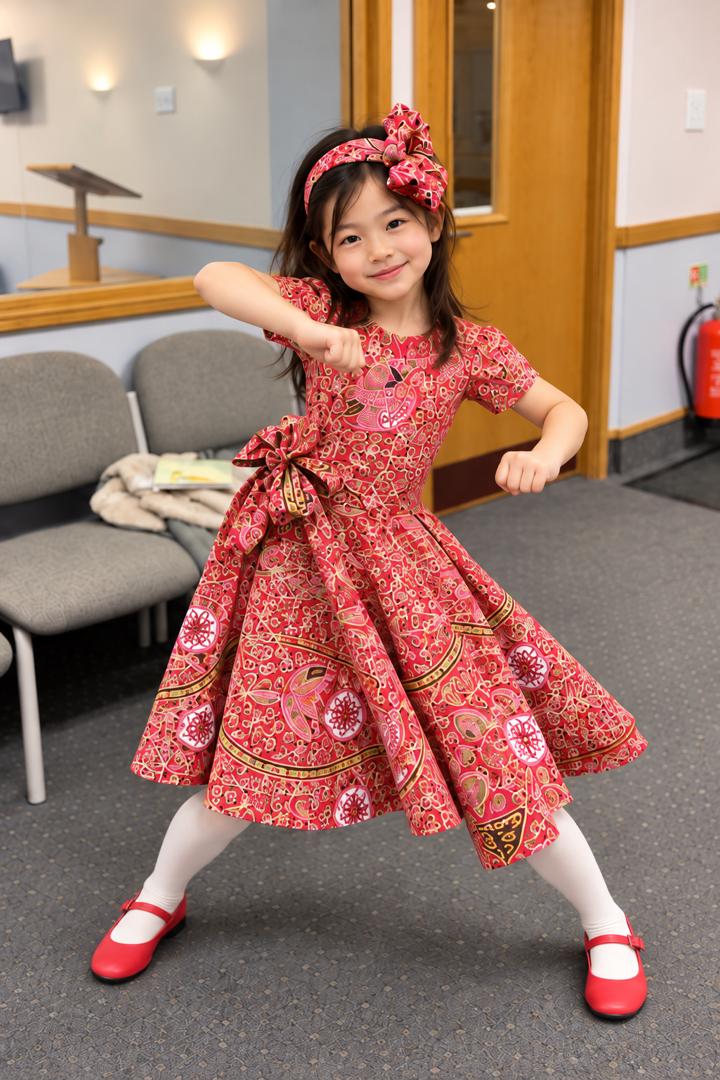 Girls Printed Party Dress with Matching Bow Headband