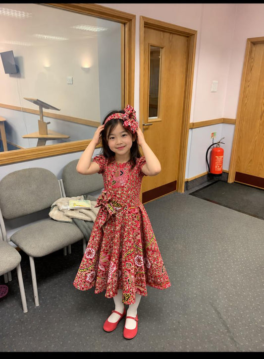 Girls Printed Party Dress with Matching Bow Headband