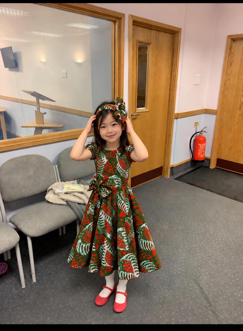Girls Printed Party Dress with Matching Bow Headband