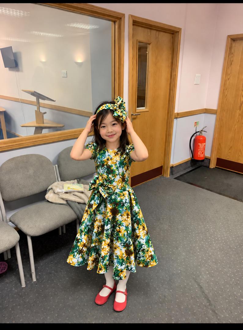 Girls Printed Party Dress with Matching Bow Headband