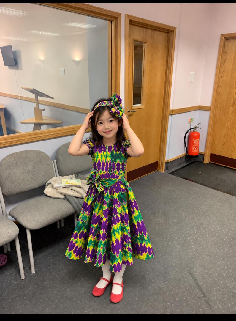 Girls Printed Party Dress with Matching Bow Headband