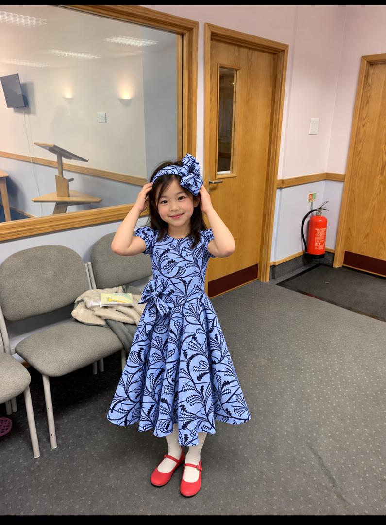 Girls Printed Party Dress with Matching Bow Headband