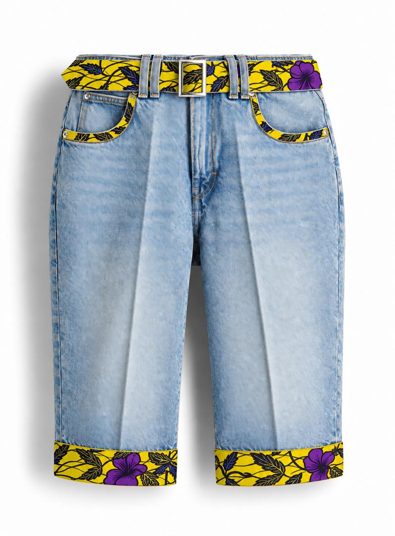 Light Blue Denim Capri Jeans with Yellow & Purple Floral Print Cuffs
