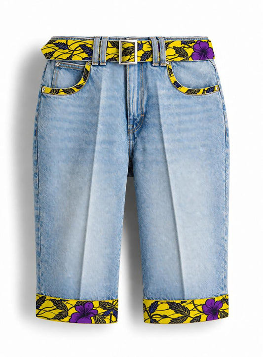 Light Blue Denim Capri Jeans with Yellow & Purple Floral Print Cuffs
