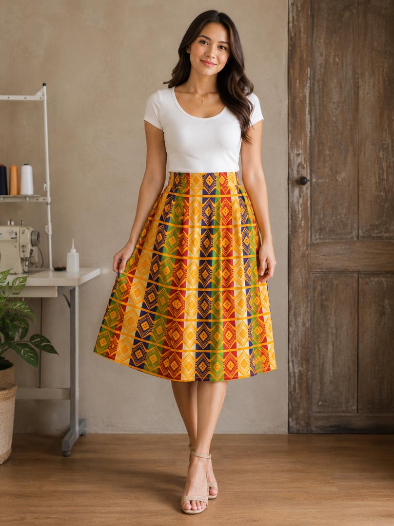 High-Waisted Ankara A-Line Midi Skirt